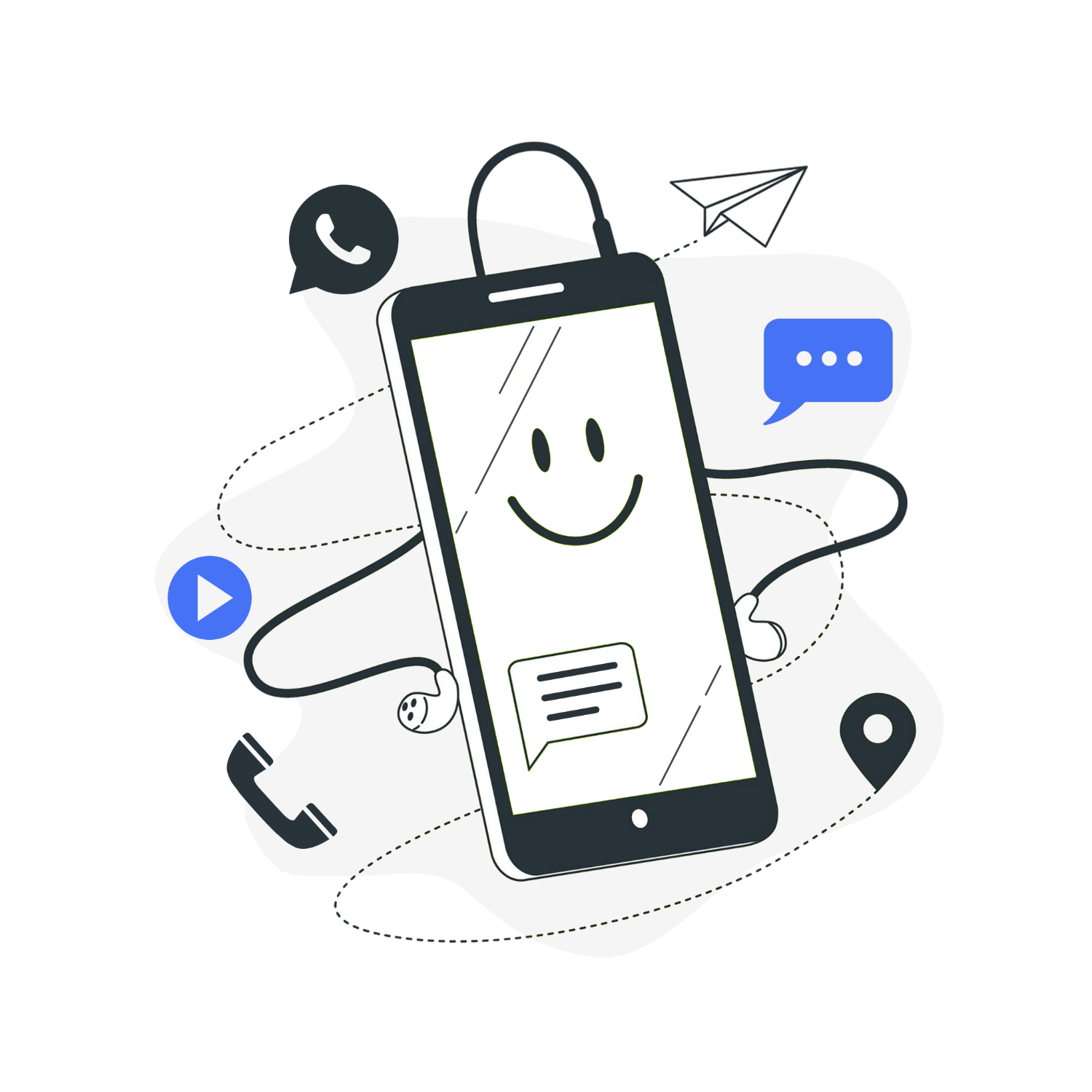 illustration avec un téléphone portable  et les moyens de contact pour une demande de création de site internet