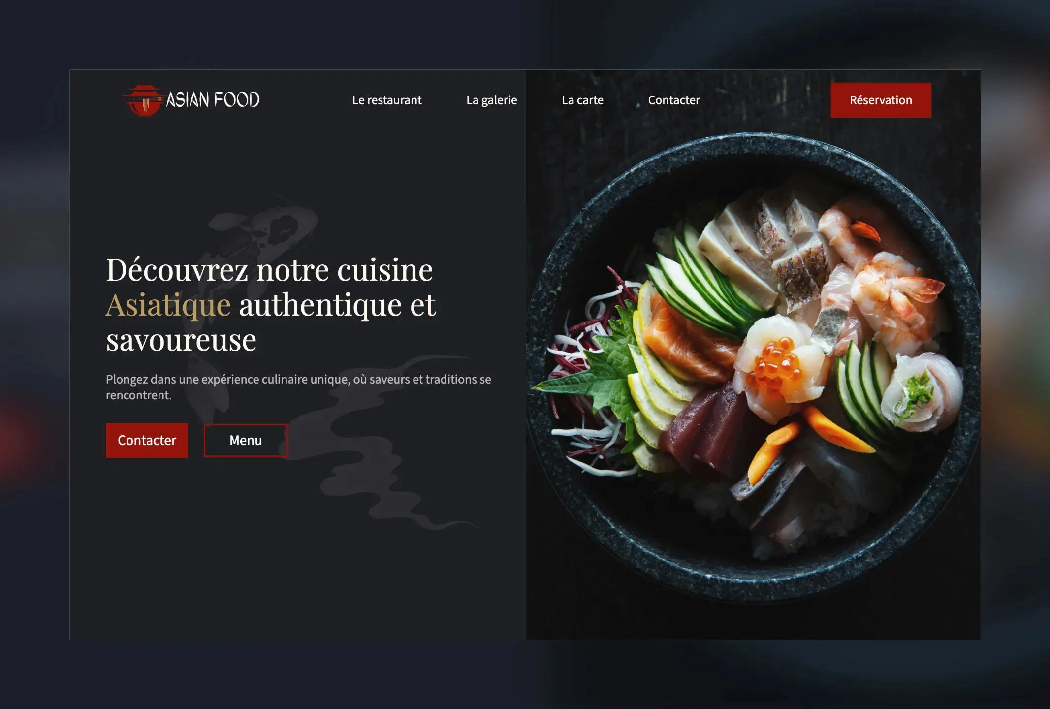 une photomontage qui représente la page d'accueil du site web du restaurant asian food