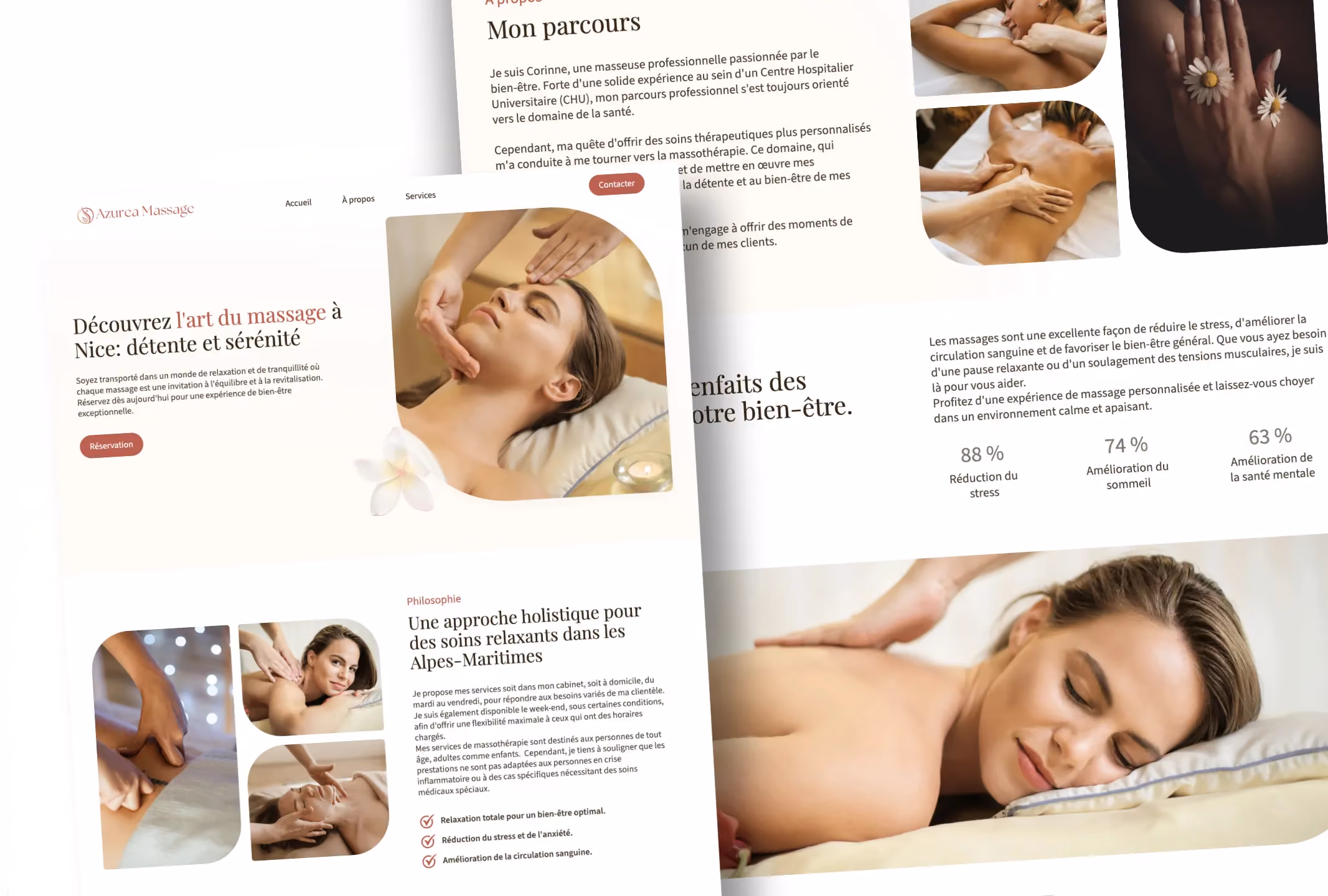 Présentation du site web d’Azurea Massage  : interface zen et responsive sur ordinateur portable et smartphone – projet de création site internet Cannes.