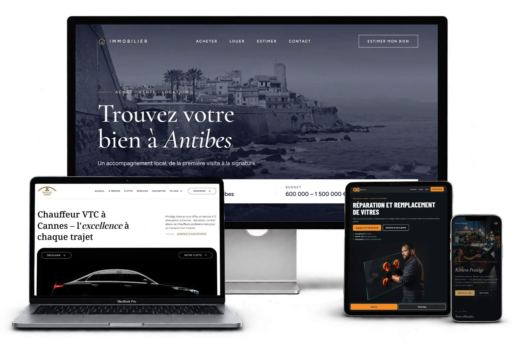 Exemple de site internet pour une agence immobilière à Antibes, présenté sur écran, ordinateur portable, tablette et téléphone, par Azur Web Studio