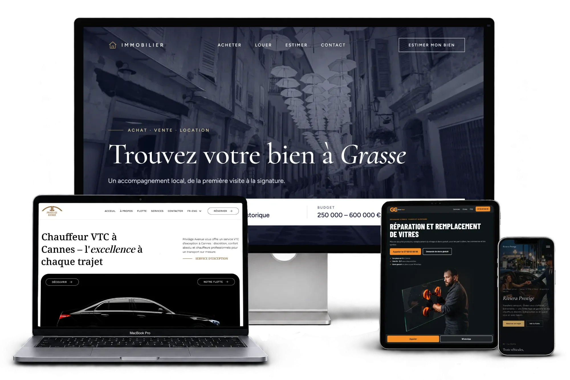 Exemple de site internet pour une agence immobilière à Grasse, présenté sur écran, ordinateur portable, tablette et téléphone, par Azur Web Studio
