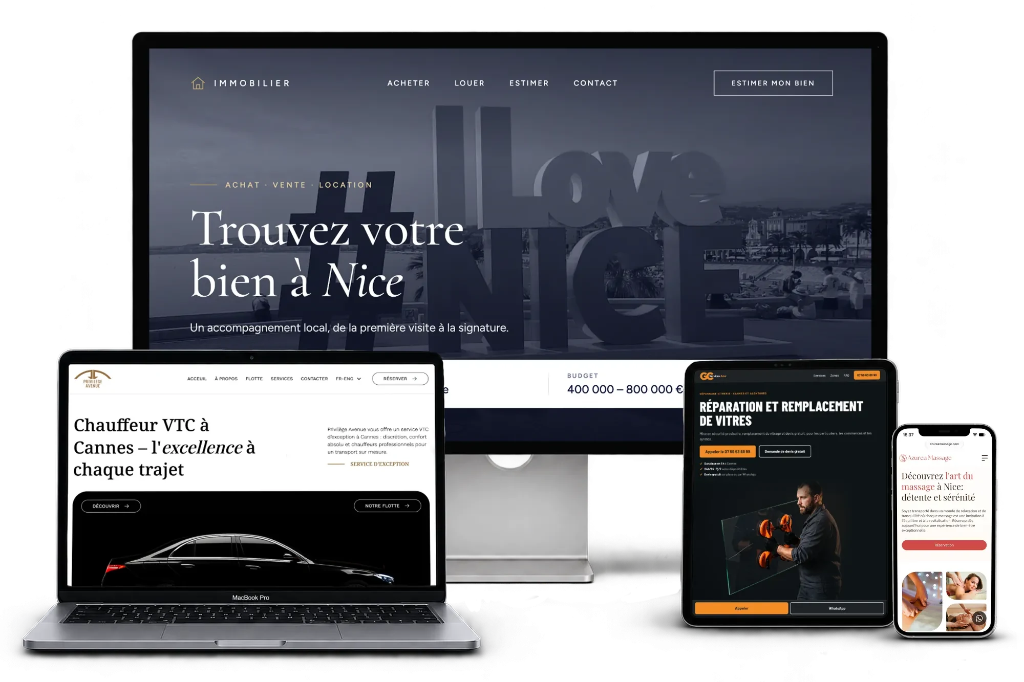Exemple de site internet pour une agence immobilière à Nice, présenté sur écran, ordinateur portable, tablette et téléphone, par Azur Web Studio