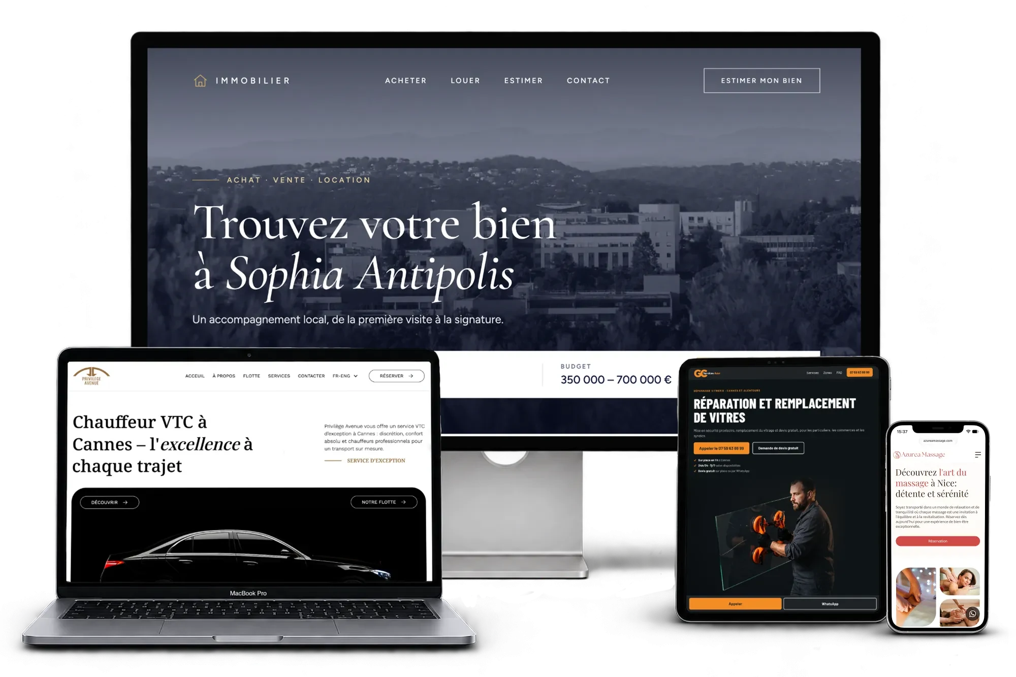 Exemple de site internet pour une agence immobilière à Sophia Antipolis, présenté sur écran, ordinateur portable, tablette et téléphone, par Azur Web Studio