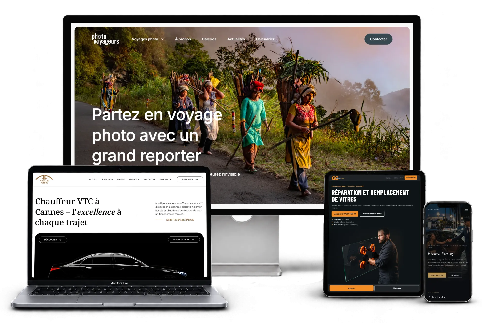 Sites réalisés par Azur Web Studio : Photo Voyageurs, Privilège Avenue et GC Services Azur, présentés sur écran, ordinateur portable, tablette et téléphone