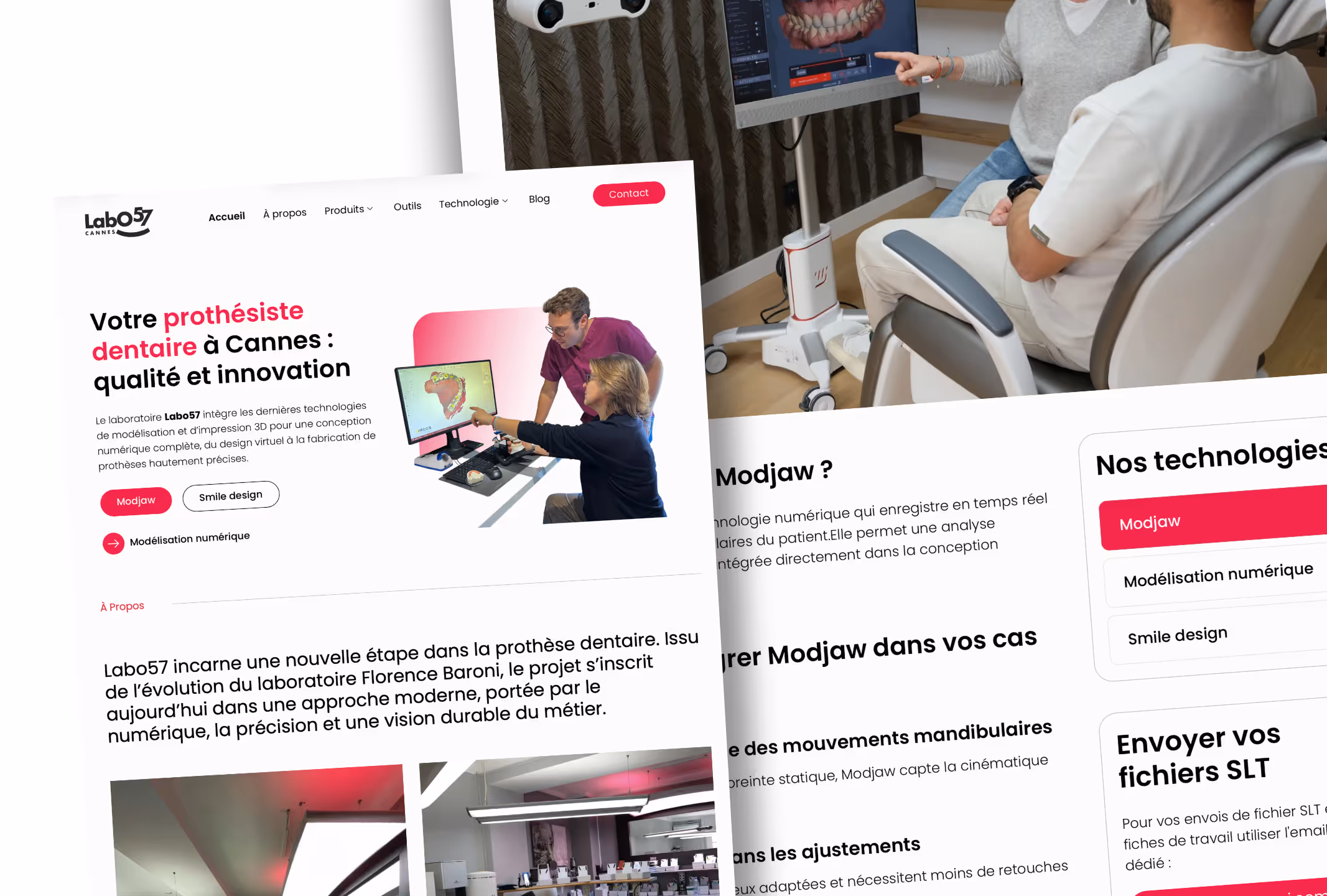 Aperçu du site web réalisé pour Labo57, un laboratoire de prothèse dentaire à Cannes : interface moderne adaptée à tous les écrans – projet de création site internet Cannes.