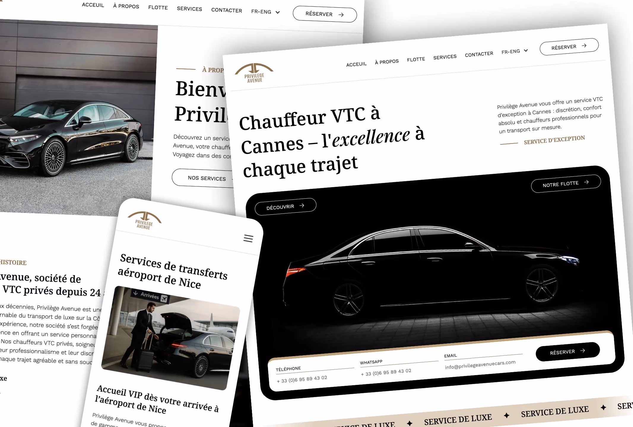 Aperçu du site web réalisé pour Privilège Avenue, service VTC premium à Cannes : interface élégante adaptée à tous les écrans – projet de création site internet Cannes.