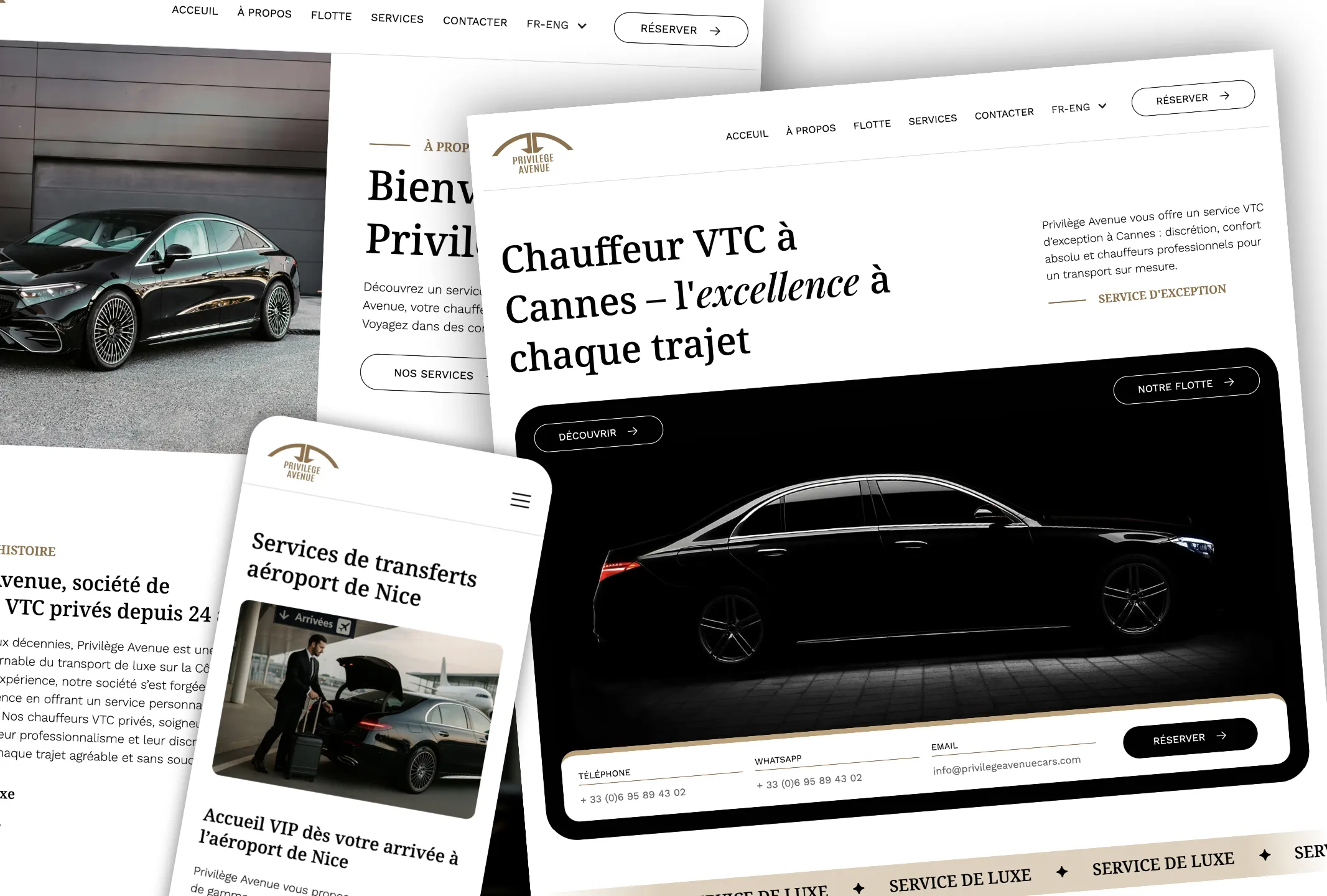 Aperçu du site web réalisé pour Privilège Avenue, service VTC premium à Cannes : interface élégante adaptée à tous les écrans – projet de création site internet Cannes.