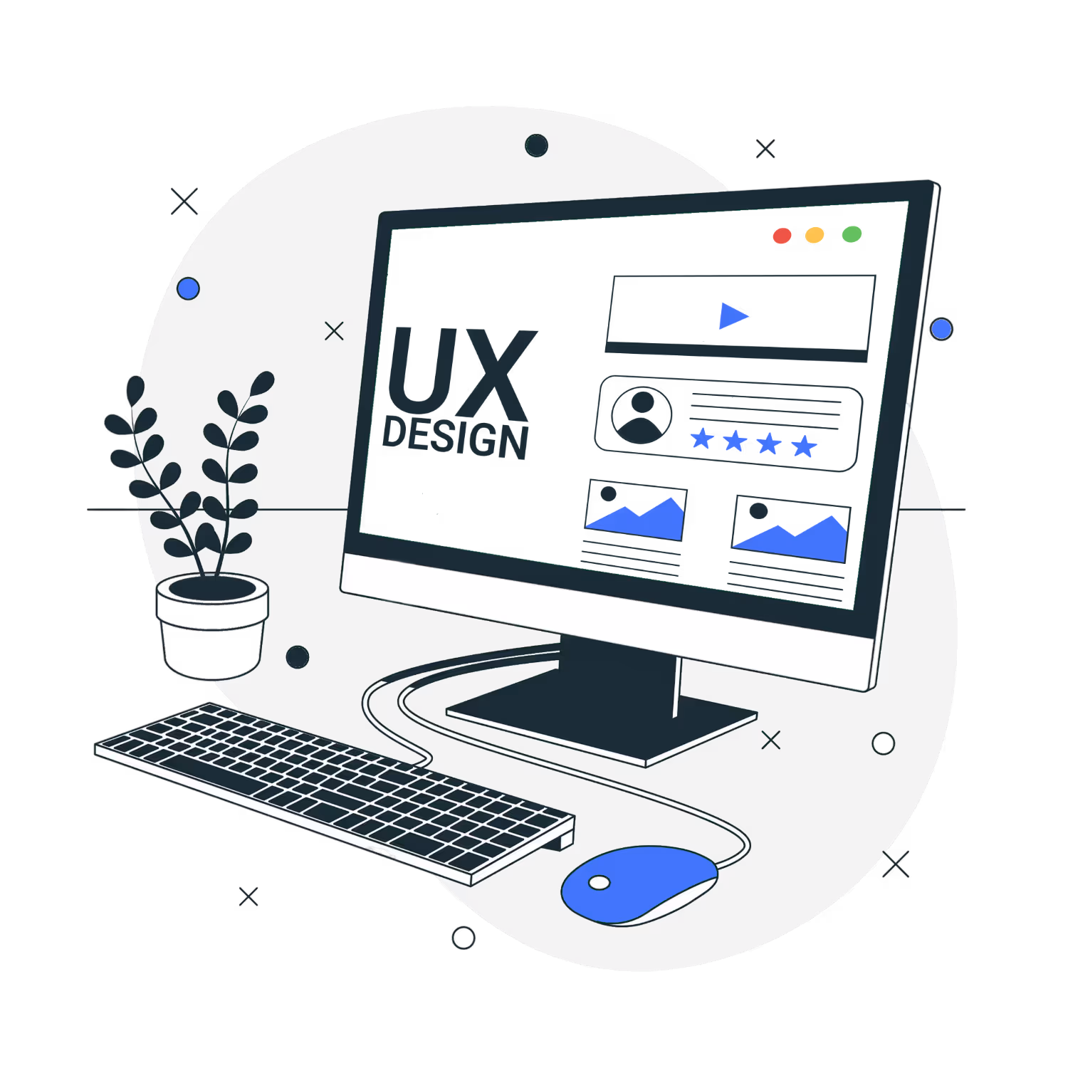 Illustration numérique d’un écran d’ordinateur affichant une interface de site Web en cours de création , des éléments d’UX design comme une barre de recherche, des évaluations par étoiles, et des blocs de contenu.