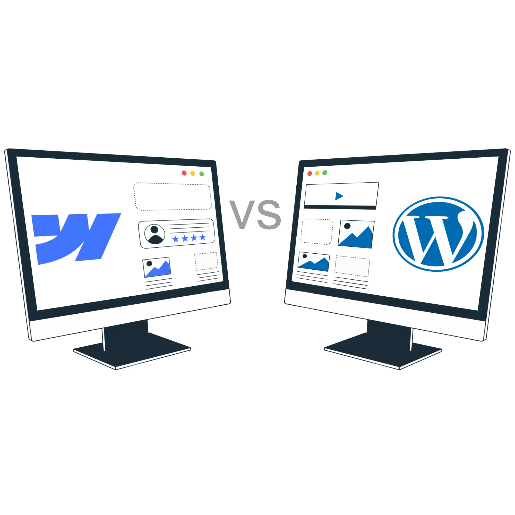 Illustration comparant Webflow et WordPress : interface WordPress  à droite, interface Webflow à gauche, style minimaliste.
