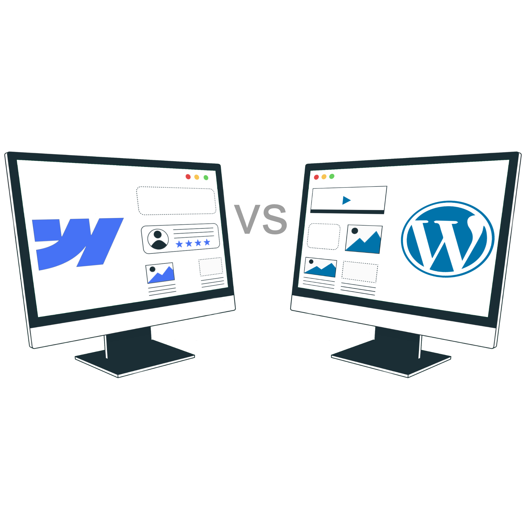 Illustration comparant Webflow et WordPress : interface WordPress  à droite, interface Webflow à gauche, style minimaliste.
